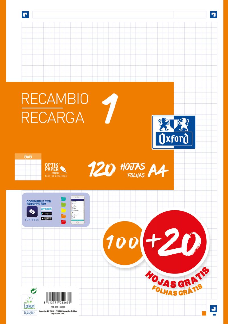  Recambio 1 color a4 100+20h 90g cuadricula 5x5 color banda naranja 