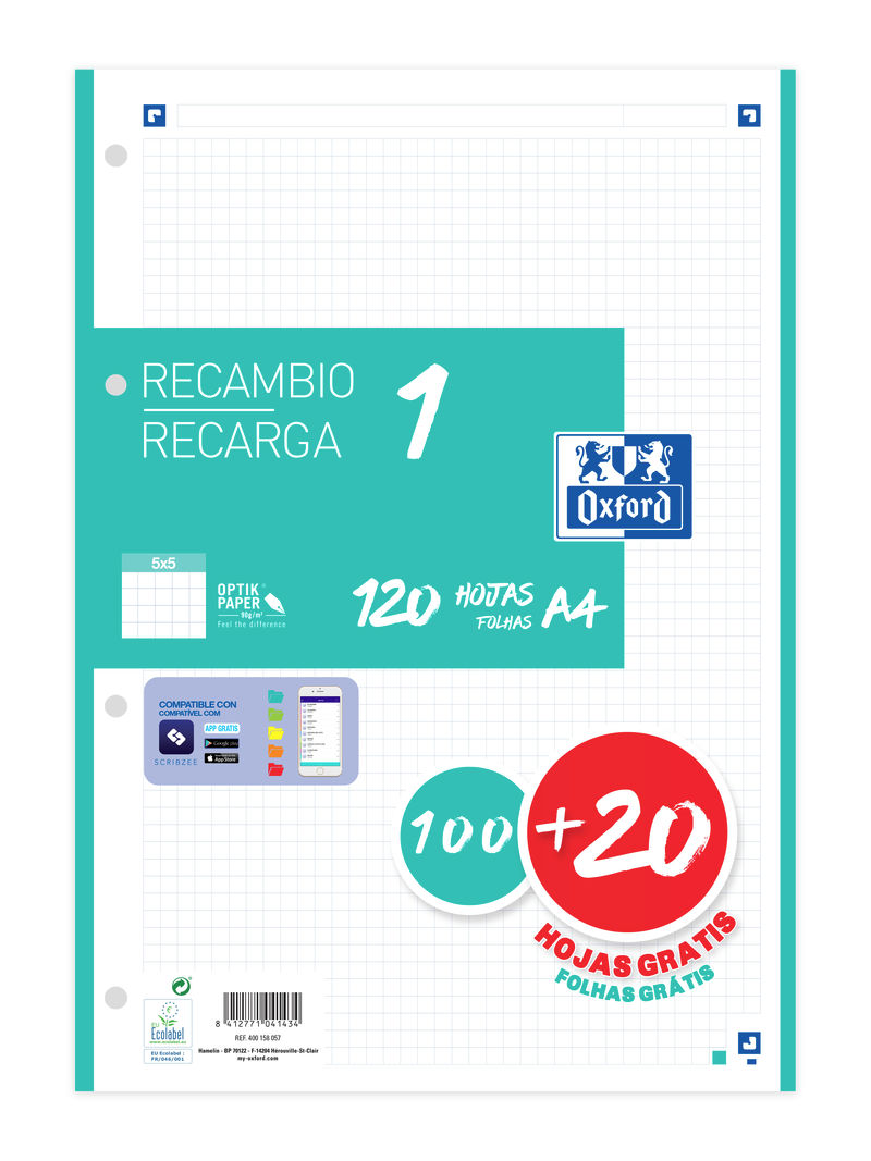  Recambio 1 color a4 100+20 hojas 90g cuad 5x5 color banda verde menta 