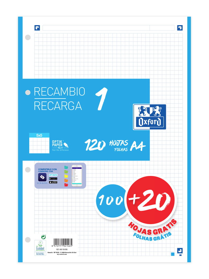 Recambio 1 color a4 100+20h 90g cuadricula 5x5 color banda turquesa