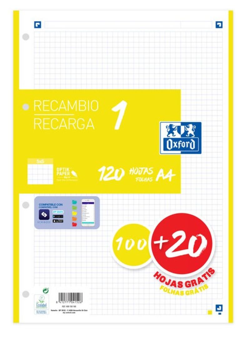  Recambio 1 color a4 100+20h 90g cuadricula 5x5 color banda amarillo 