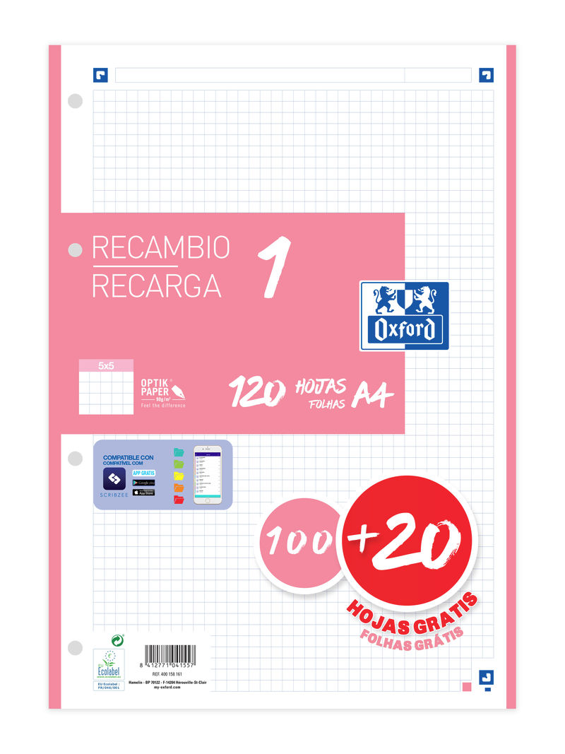  Recambio 1 color a4 100+20h 90g cuadricula 5x5 color banda rosa chicle 