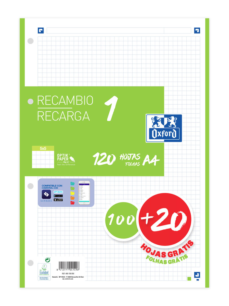  Recambio 1 color a4 100+20h 90g cuadricula 5x5 color banda verde 